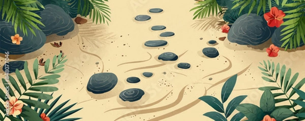 Fototapeta Peaceful Zen garden with sand and rocks. Vector flat minimalistic isolated illustration.
