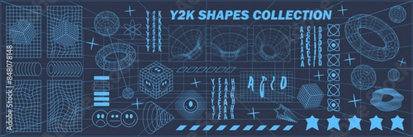 Fototapeta Abstract geometry hud wireframe shapes and patterns, cyberpunk elements, icon s and perspective grid s. Surreal geometric signs. Rave psychedelic futuristic Y2k acid aesthetic set. Vector illustration