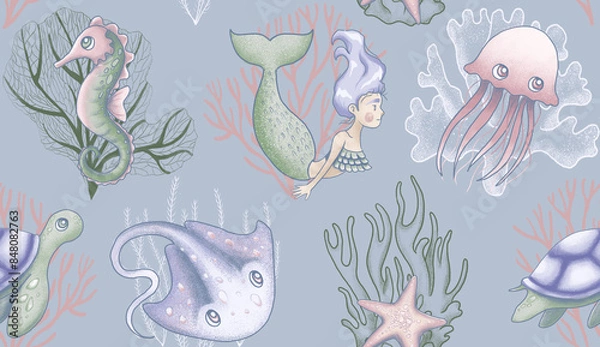 Fototapeta seamless pattern with mermaid and sea animals