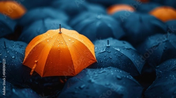 Obraz A orange half transparent umbrella in the middle of a flock of black half transparent umbrellas