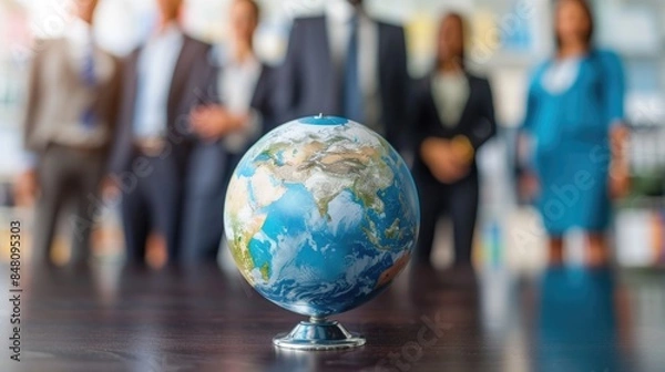 Obraz Corporate businesspeople standing around world globe, blurred background