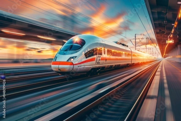 Fototapeta High-Speed Train on Sunset Tracks