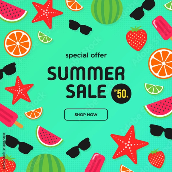 Obraz Summer sale green square vector banner with simple flat elements. Special offer. Banner. Vector illustration.