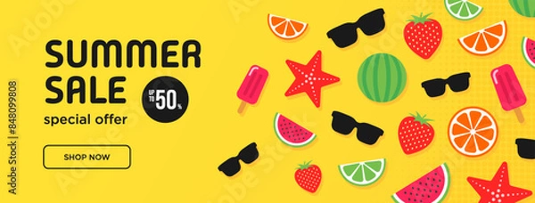 Obraz Summer sale yellow long vector banner with simple flat elements. Special offer. Banner. Vector illustration.