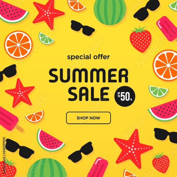 Obraz Summer sale yellow square vector banner with simple flat elements. Special offer. Banner. Vector illustration.