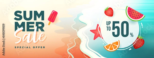 Obraz Summer sale long vector banner with sea and sand beach. Simple elements. Special offer. Banner. Vector illustration.