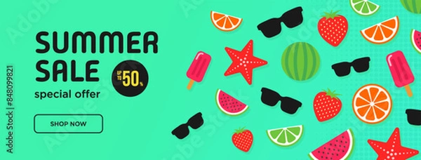 Obraz Summer sale green long vector banner with simple flat elements. Special offer. Banner. Vector illustration.
