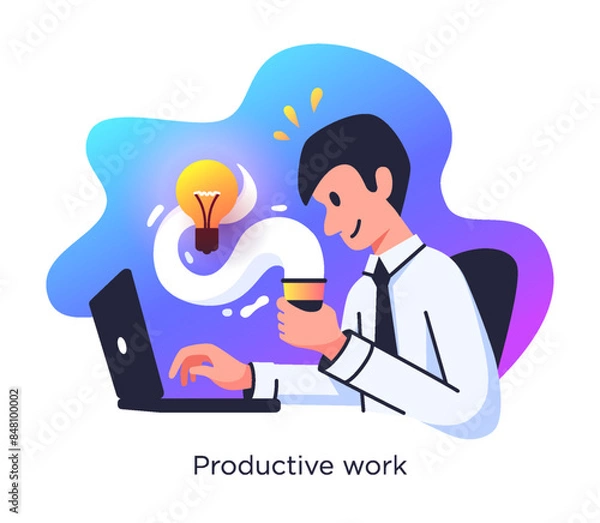 Obraz Single business illustration of a man sitting in front of laptop holding a cup of coffee. Business man. Office worker.