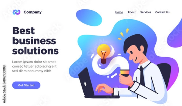 Obraz Template of a landing page with business illustration of a man sitting in front of laptop holding a cup of coffee. Business man. Office worker.