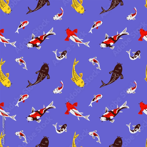 Fototapeta Koi Fish Seamless Pattern on Blue Background