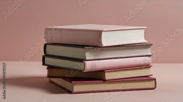 Fototapeta stack of book, a clean solid light background.
