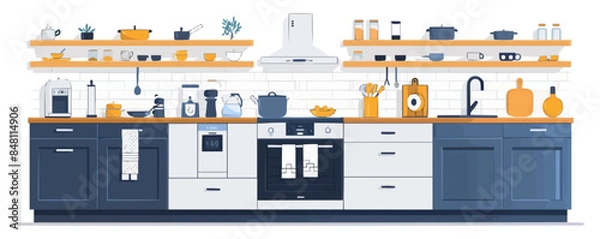 Fototapeta Modern kitchen with appliances, pots, and pans on a white background. Vector flat isolated illustration.