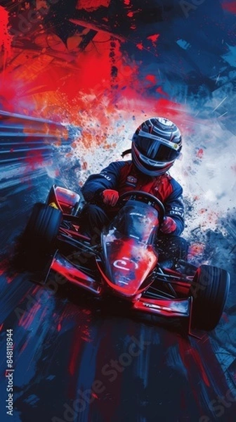 Fototapeta Karting car, creative poster, vector graphics, red end blue colors