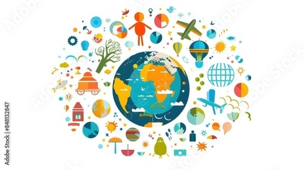 Fototapeta Vibrant Worldwide Cultural Icons Surrounding Colorful Globe Design