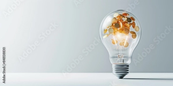 Obraz A light bulb filled with gold coins money. energy saving and financial savings concept. economic benefits of conserving energy and efficient resource management