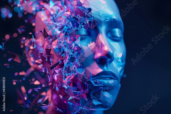 Fototapeta A closeup of an AI head, half its face covered in glowing blue and pink geometric shapes