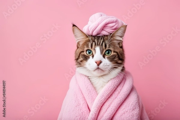 Obraz A Cat Is Wrapped In A Fluffy Pink Towel Against A Pink Background. Photo Of A Cat, Cat Photography, Cute Cat Photo, Cat Photo, Cat Design, Draped In Pink And Green Robes, Anthropomorphic Female Cat, A