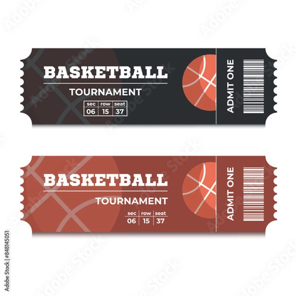 Fototapeta Vector Tickets isolated on white background. Basketball ticket card template. Card invitation, event and date, place sector. Ticket icon for website.
