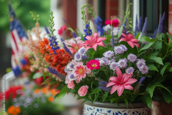 Fototapeta A red, white, and blue flower arrangement in a vase with American flags on Independence Day, Generative AI