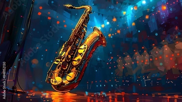 Fototapeta A colorful abstract illustration of a gold tenor saxophone with musical notes