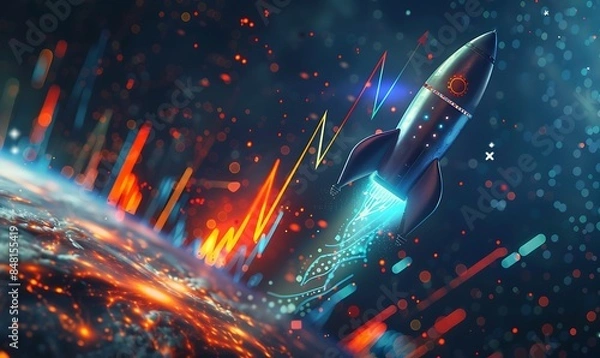 Fototapeta A sleek rocket soaring through a starry sky, trailing behind a vibrant chart depicting exponential growth