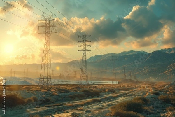 Fototapeta Huge power transmission towers in the desert on a bright sunny day. The setting sun illuminates the rows of solar panels along the road leading into the mountains and the clouds in the sky.