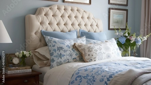 Fototapeta An upholstered headboard adds a touch of elegance and comfort, perfect for sitting up and reading in bed.