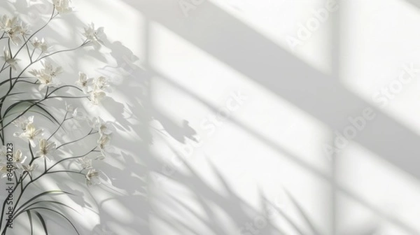 Fototapeta Transform your space with a serene ambiance by incorporating a white wall adorned with a sizable window and a lush indoor plant, infusing tranquility and natural beauty.