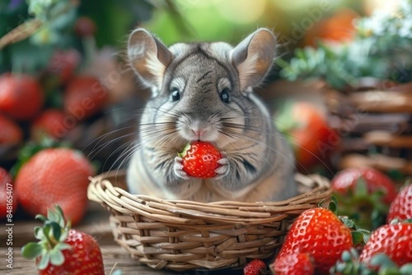 Fototapeta A baby chinchilla nibbling on a fresh strawberry, sitting in a small basket. The background shows a garden setting 