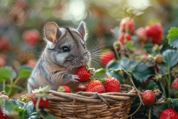 Fototapeta A baby chinchilla nibbling on a fresh strawberry, sitting in a small basket. The background shows a garden setting 