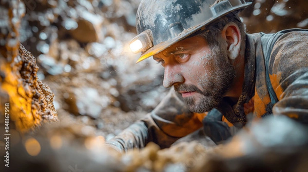 Fototapeta Determined Miner Working in a Dusty Underground Mine