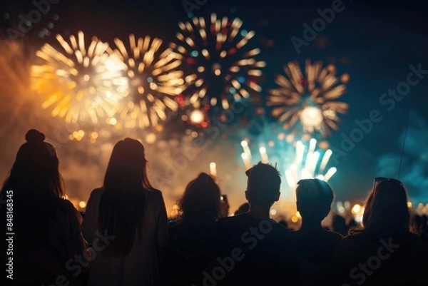 Obraz Crowd Watching Fireworks Display at Night