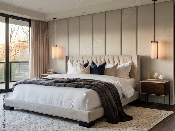 Fototapeta a bedroom with a large bed and a large window with a view of the woods.