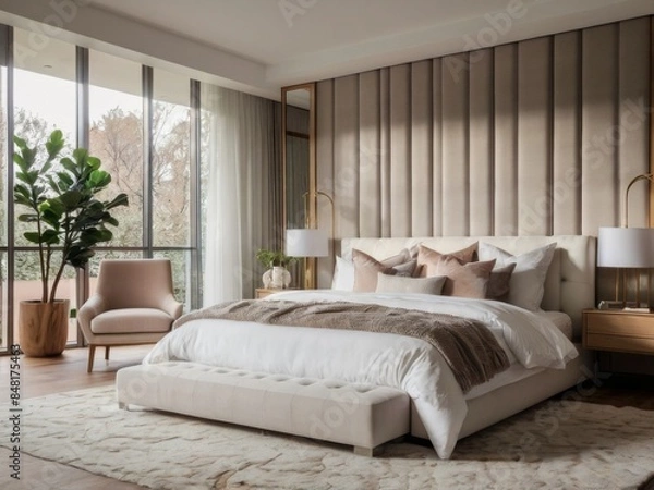 Obraz a bedroom with a large bed and a large window with a view of the woods.