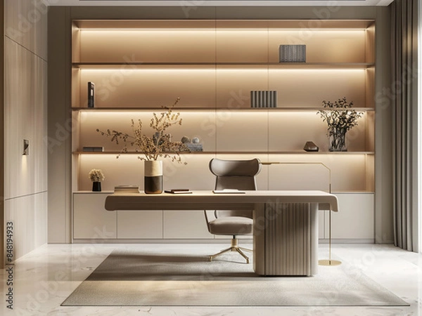 Fototapeta Delve into the ambiance of a modern study room brought to life through 3D rendering
