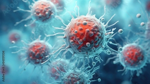 Fototapeta Close-up view of red blood cells and white blood cells under a microscope