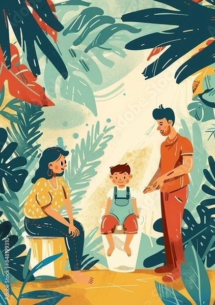 Obraz Illustration of parents with son in home setting