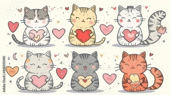 Fototapeta adorable cartoon cats holding hearts cute kitten tshirt or mug design set