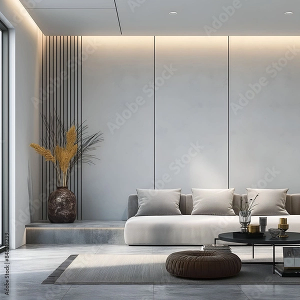 Fototapeta Modern luxury minimalist interior design. Aesthetic modern elegant living room design. Copy space mock up. Clean walls for decoration in the apartment. Neutral palette of natural colors.