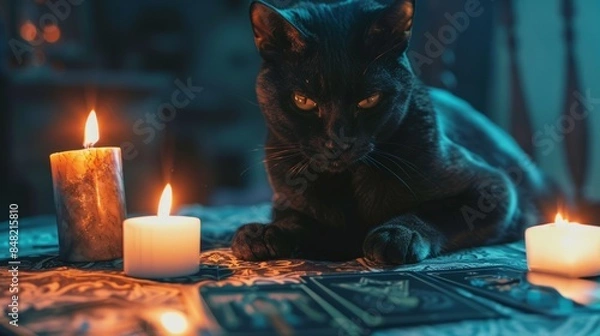 Fototapeta black cat and Tarot cards on the table,
