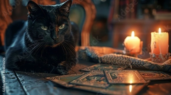 Fototapeta Black cat on the table next to laid out tarot cards, candles, mysticism, prediction