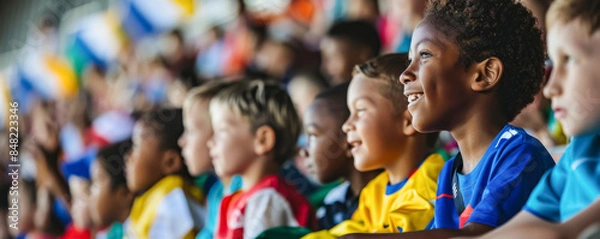 Fototapeta Group of happy children watching together a sports event in the stadium