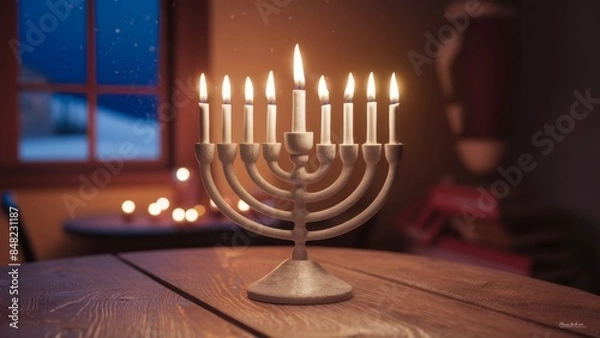Fototapeta A menorah with candles lit on a table in front of it, AI