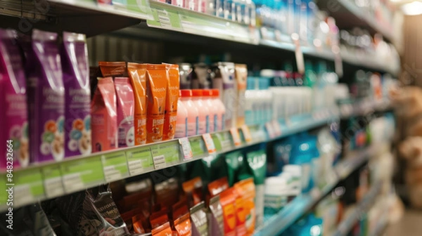 Fototapeta Pet care products displayed on a store shelf