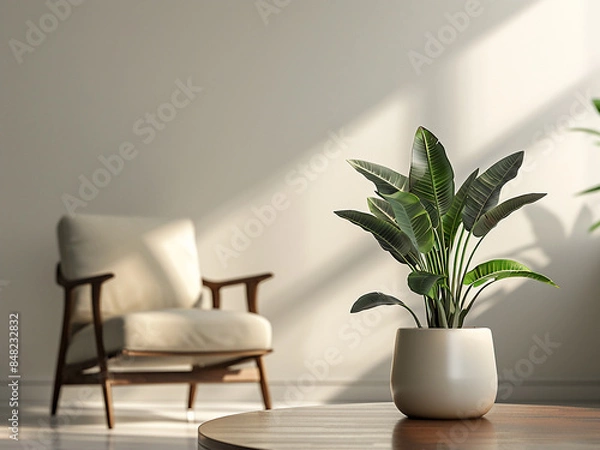 Fototapeta In the background, an easy chair accompanies the decorative plant pot on the center table