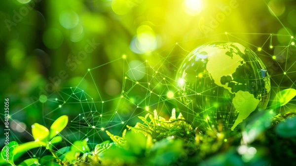 Obraz Sustainable Earth with Digital Network. A green globe surrounded by a digital network, set against a lush green background, symbolizing sustainability and technology role in environmental conservation