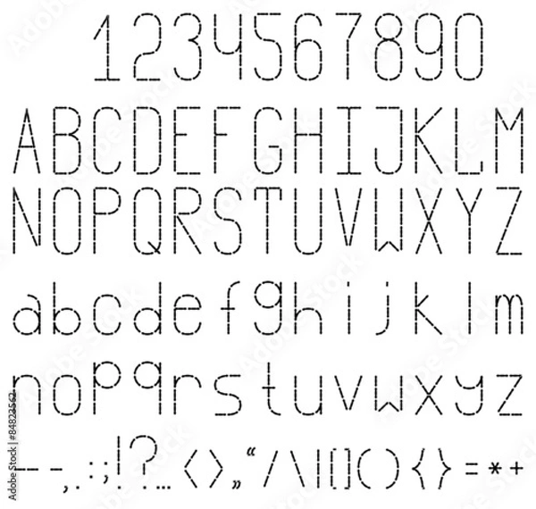Fototapeta Black and white embroidered font. Full set with numbers and punctuation.