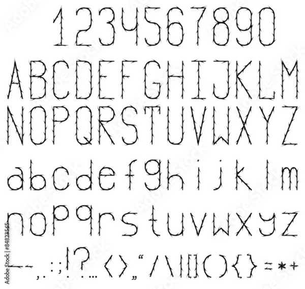 Fototapeta Black and white studded font. Full set with numbers and punctuation.