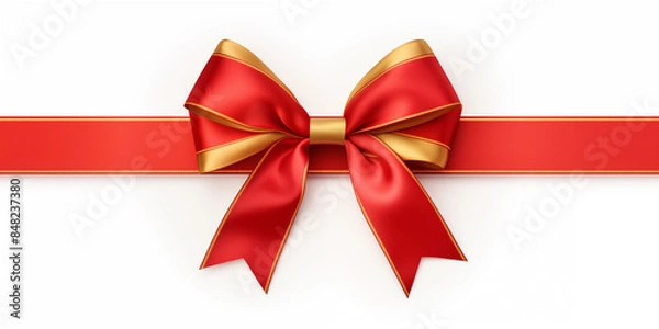 Obraz Realistic red bow with red wide ribbon isolated on white background, Festive and Classic Concept
