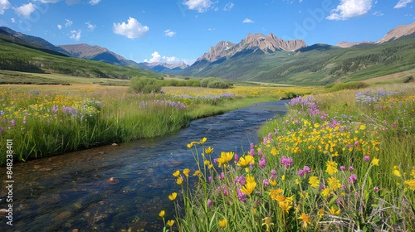 Fototapeta Scenic valley with a river winding through wildflower meadows